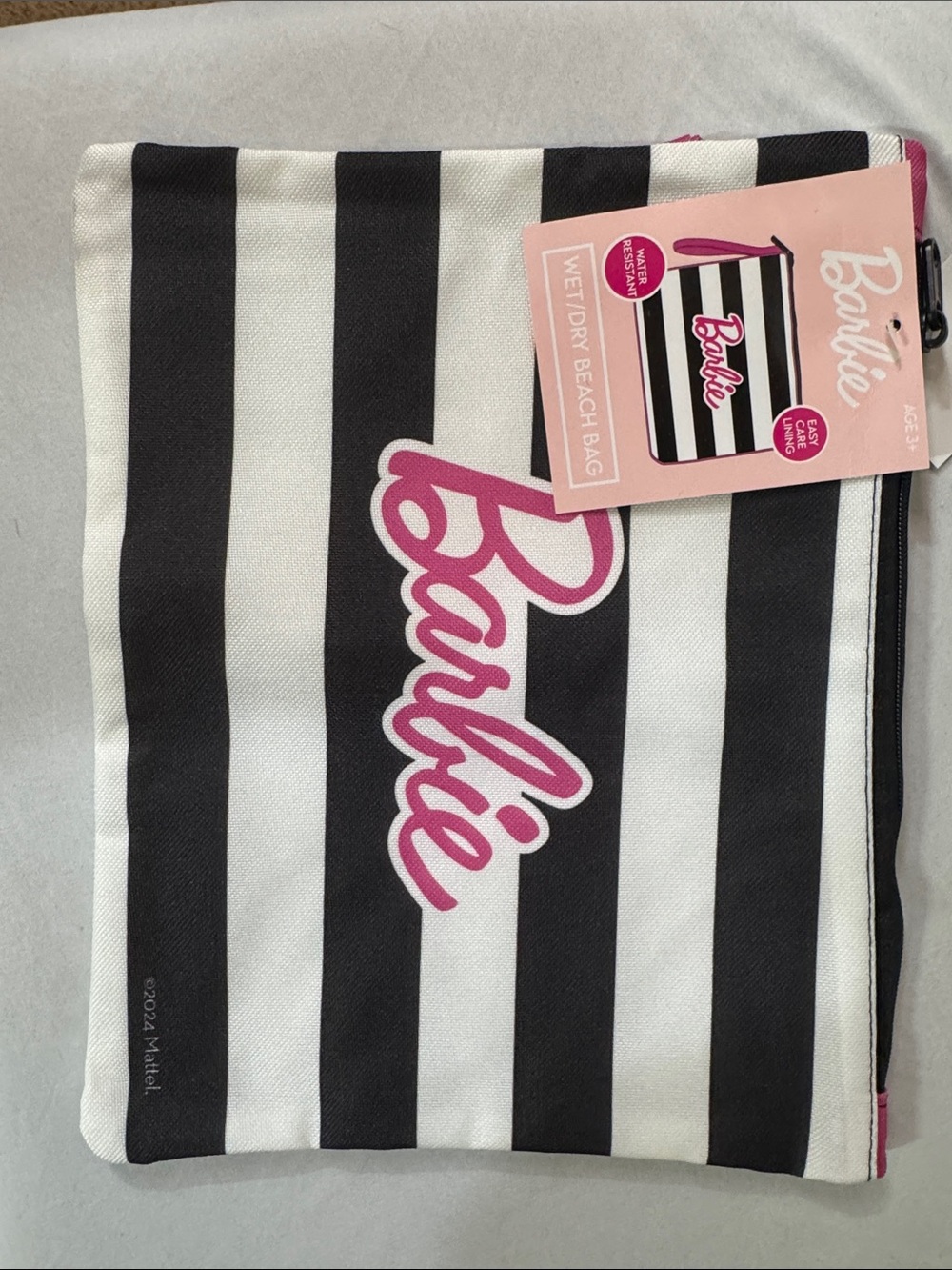 Barbie Black White Striped Wet/Dry Beach Bag Pouch with Pink Logo